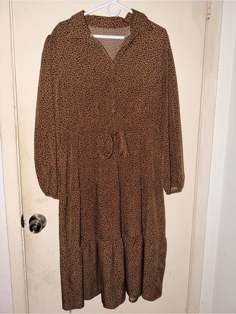SHEIN Brown Printed Long Sleeve Tiered Shirt Dress